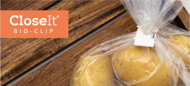 Image of a clear plastic bag filled with yellow potatoes, closed with a white 'ClosIt' clip. An orange rectangle in the upper left corner displays the 'ClosIt' logo and the text 'BIO-CLIP'.