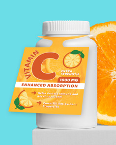 An orange hangtag on a Vitamin C bottle