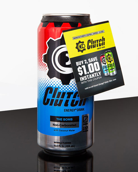 Clutch Energy Drink can with "Buy 2, Save $1" coupon tag. Red, white, blue can with gear logo.
