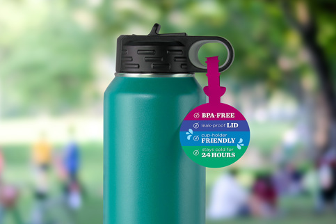 A teal insulated bottle with a black lid features a multi-colored locking tag highlighting “BPA-Free,” “leak-proof LID,” “cup-holder FRIENDLY,” and “Keeps cold for 24 HOURS.”