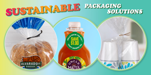 Colorful graphic with heading "Sustainable Packaging Solutions" with 3 examples: a black twist tie on bread, a green hang tag on a tea bottle, and brown paper twist tie on a bag of cups.