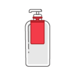 Red hang tag around bottleneck of illustrated pump-style bottle.