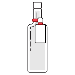 Small, trial-sized bottle attached to larger illustrated spirits-type bottle by red elastomer