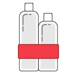 Thick red band securing two shampoo-style bottles together