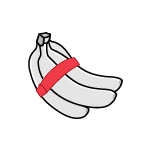 A red elastomer band around an illustrated bunch of bananas