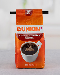 Dunkin_Colombian Orange Dunkin' coffee bag with black Peel & Stick tin tie