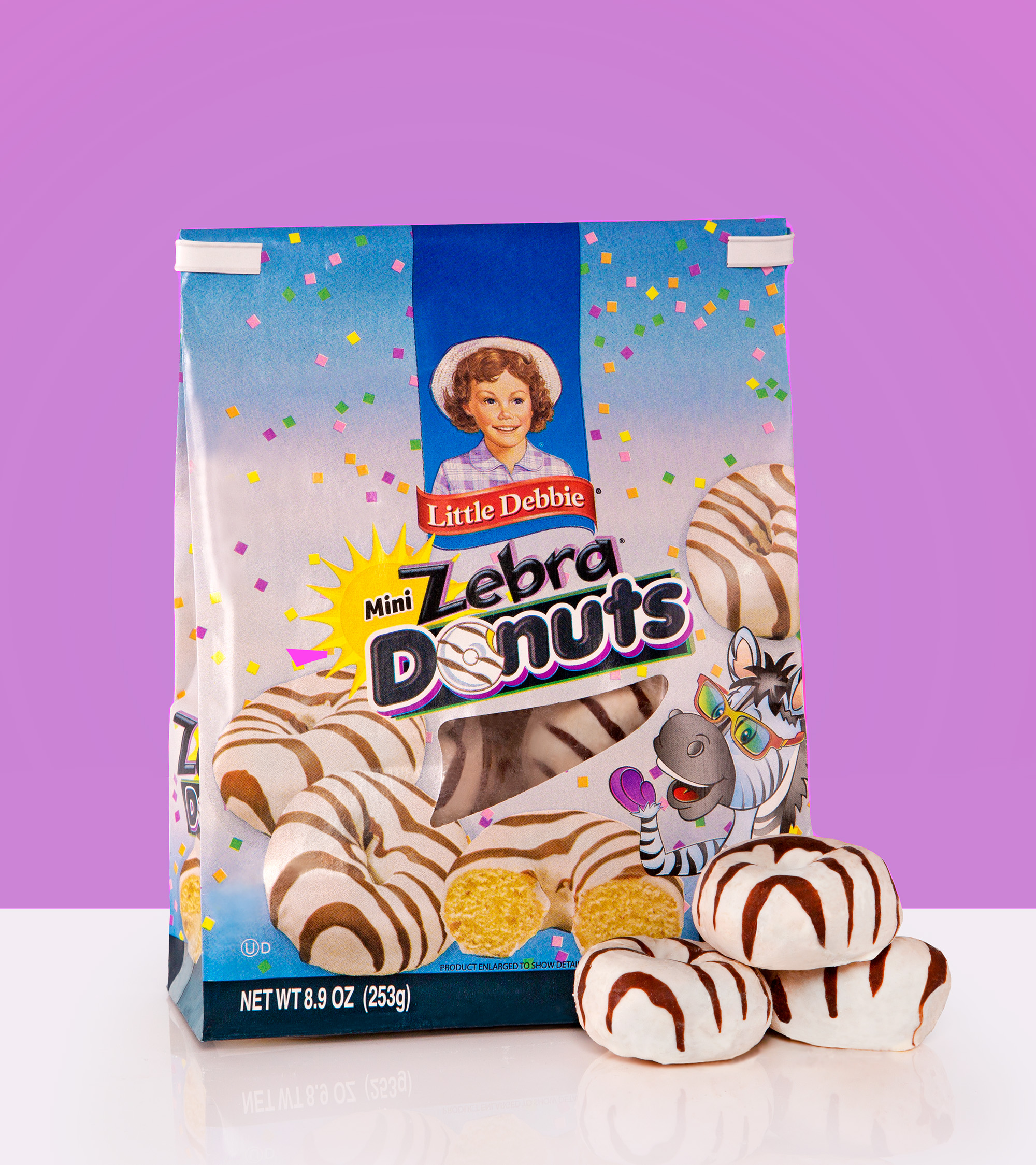 A donut bag tin tie on Little Debbie zebra donuts