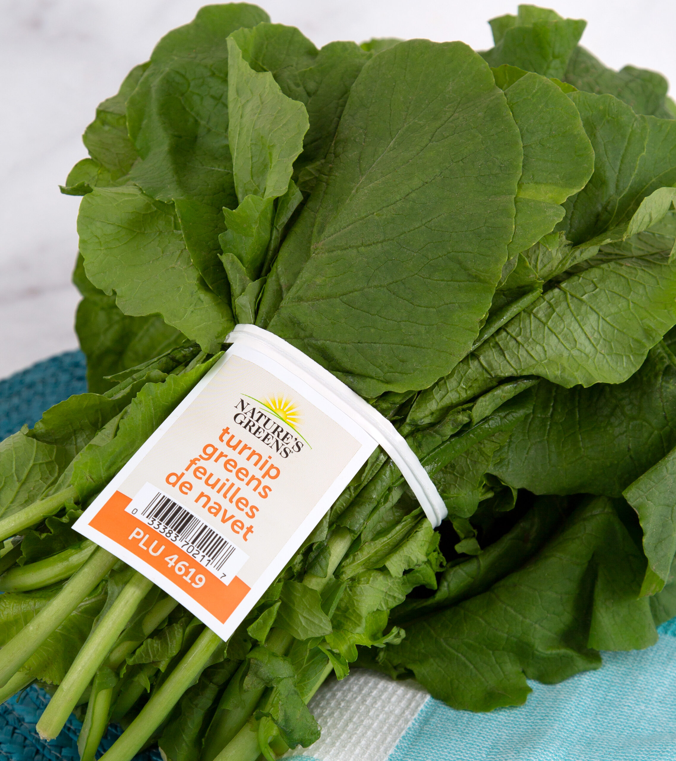 A bib tie - a produce twist tie with attached tag - twists around leafy greens.