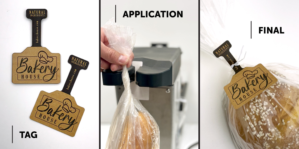 BagTagDemonstration 3-step process infographic showing a bag tag application with a bag tag, bread going into twist tie machine, and bag tag applied.