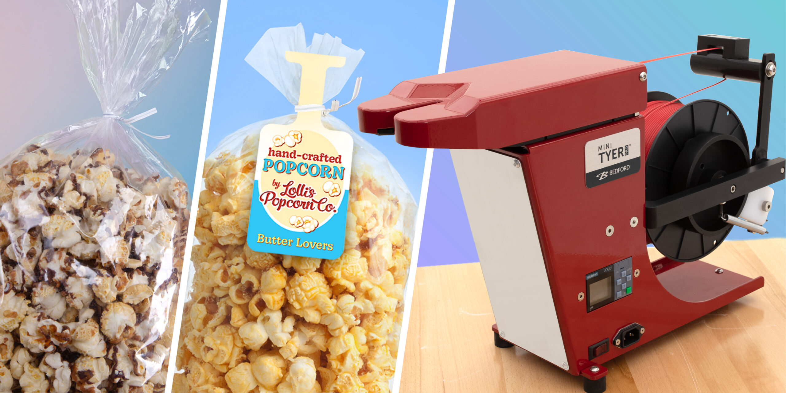 Popcorn Twist Tie_Blog Two popcorn bags closed with twist ties, one with a tag hanging from the opening, and a red twist tie machine