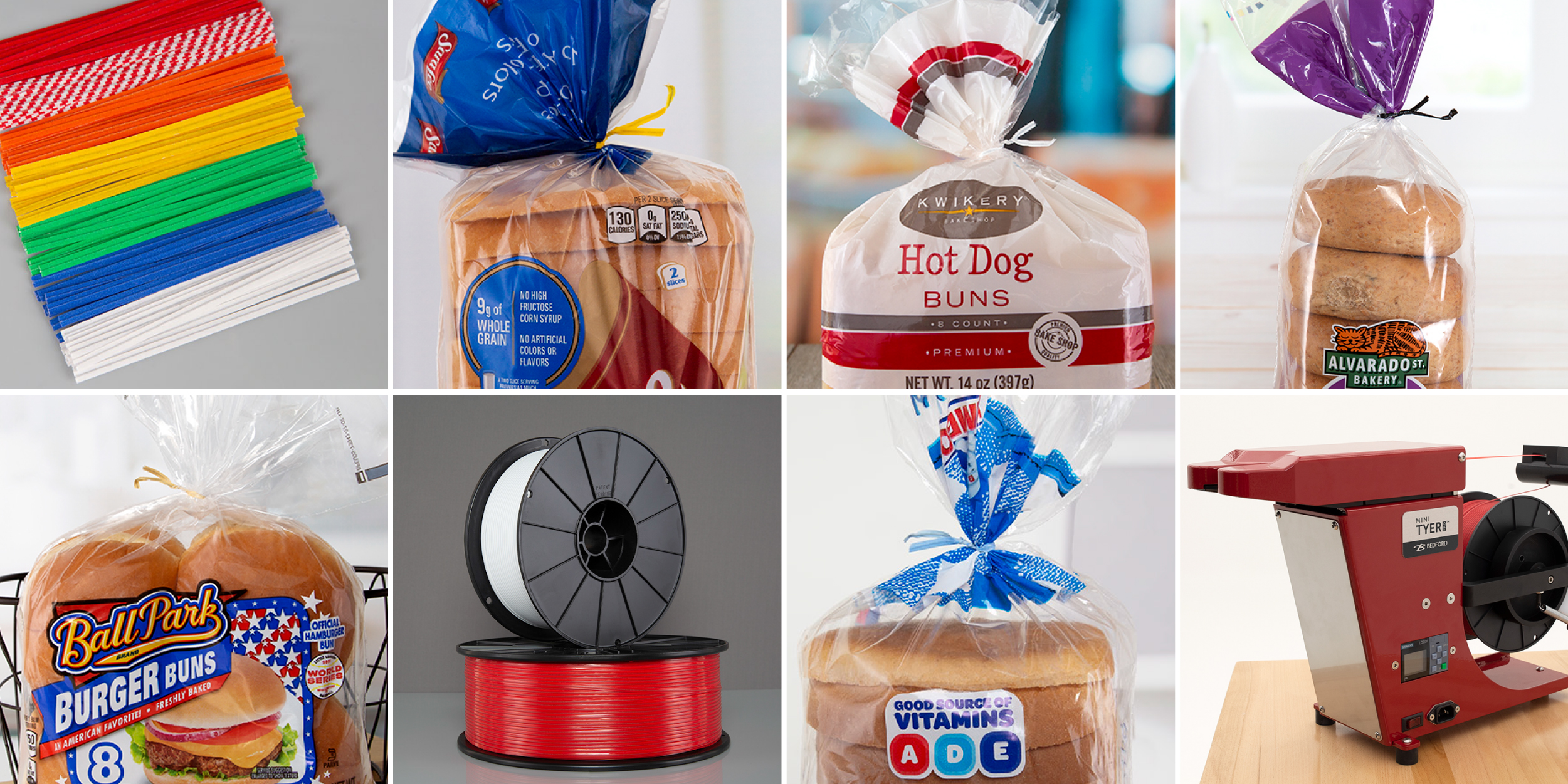 Bread_TwistTie_2024_SingleImage A collage showcasing various Bedford packaging products and tools. The top row features colorful twist ties, bags of bread and buns from brands like Sunbeam, Kwikery, and Alvarado St. Bakery, all sealed with Bedford Twist Ties. The bottom row includes a pack of Ball Park burger buns, a spool of red twist tie material, a loaf of vitamin-enriched bread sealed with a blue twist tie, and a red Mini Tyer machine used for twist tie application. The image highlights the versatility of Bedford's twist ties and sealing equipment for food packaging.