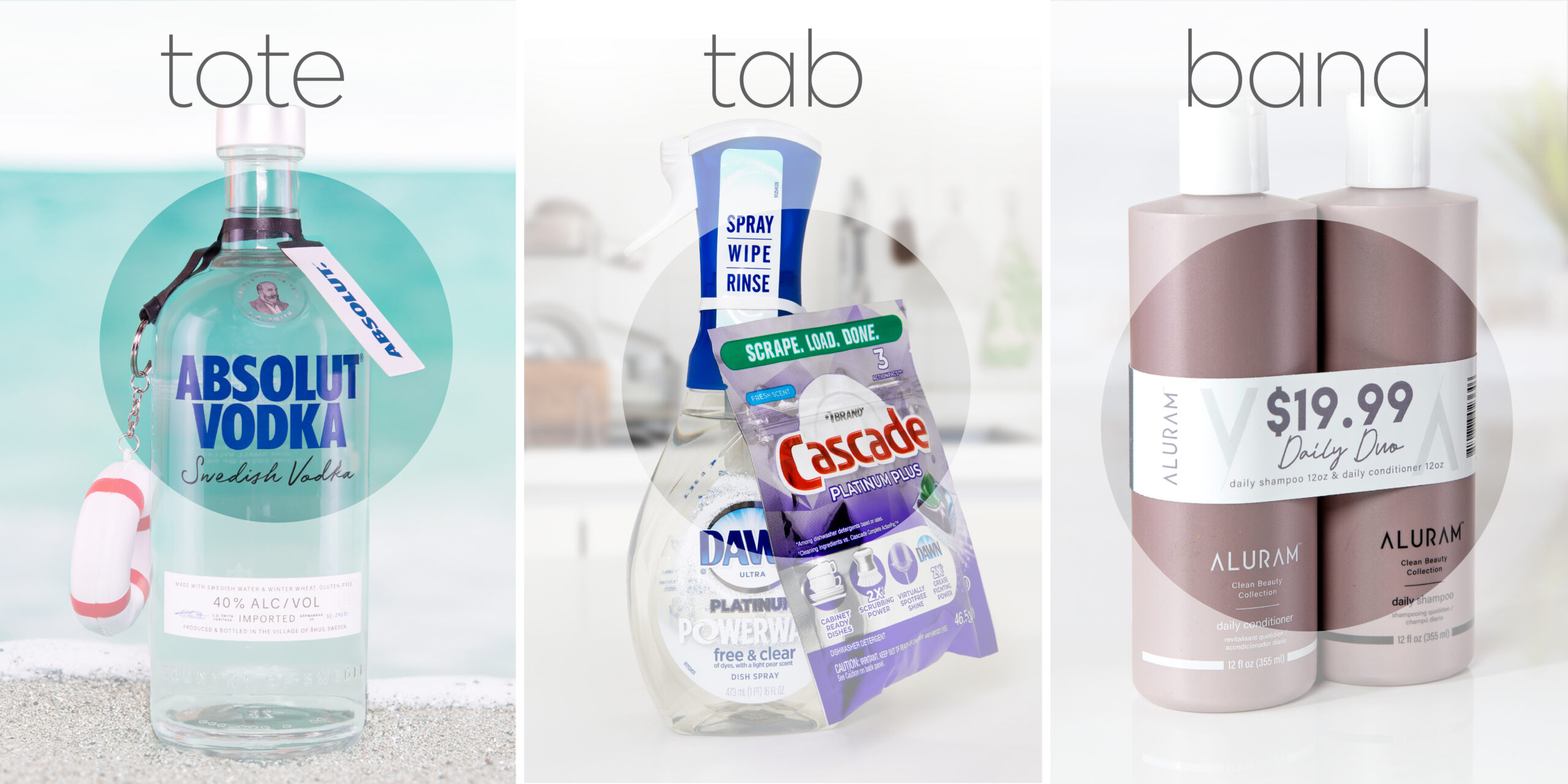 Tab Tote Band Blog Header_2024 A collage showing three different products with ElastiTag labels: a bottle of Absolut Vodka with a white ElastiTag label, a bottle of Cascade dish detergent with a blue ElastiTag label, and two bottles of Alur shampoo with a white ElastiTag lab