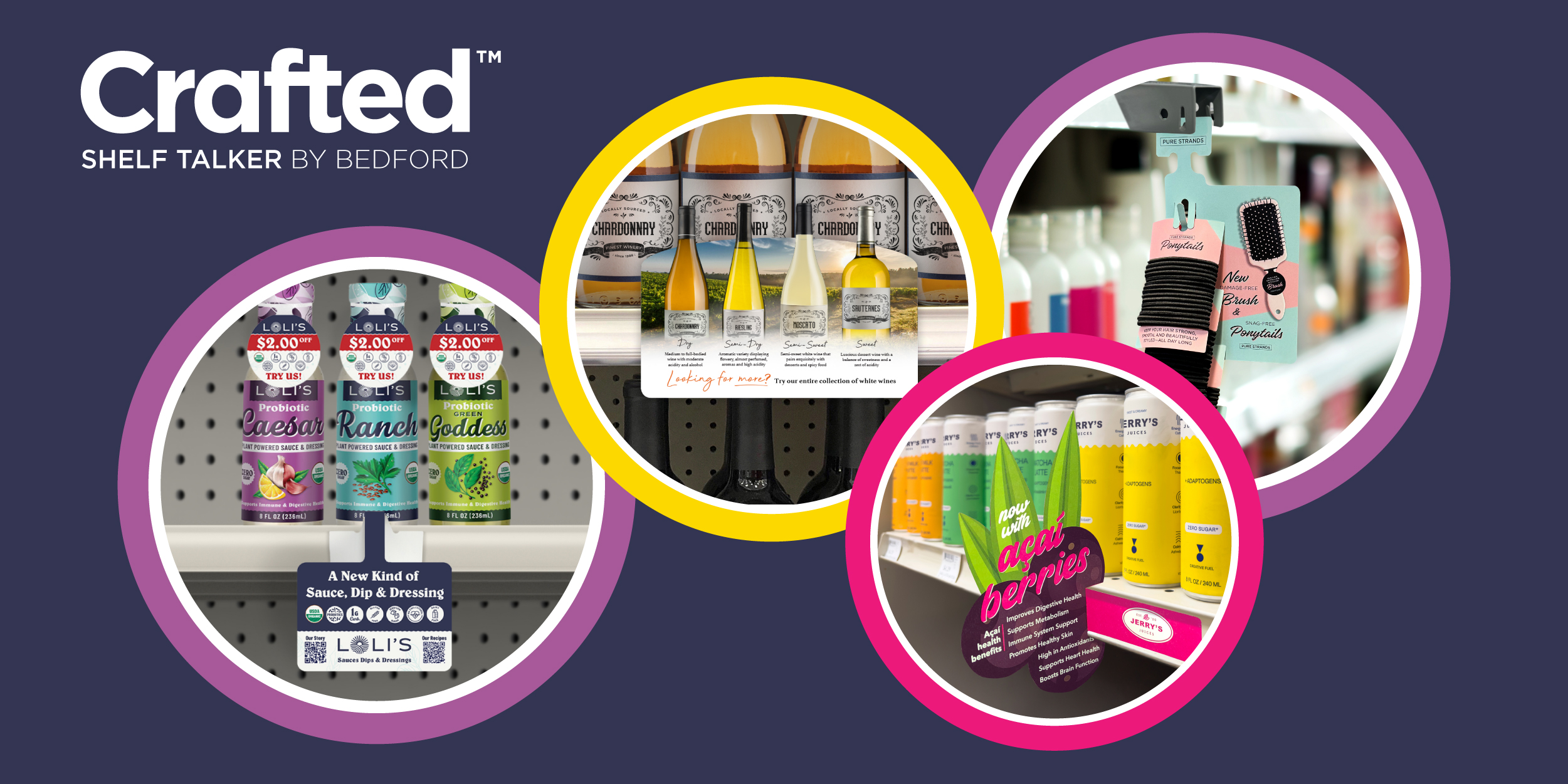 ShelfTalker_BlogImage_2024_HJ-01 A collage of retail displays featuring various products, including wine, sauces, hair accessories, and beverages. Each display uses different marketing techniques like shelf talkers