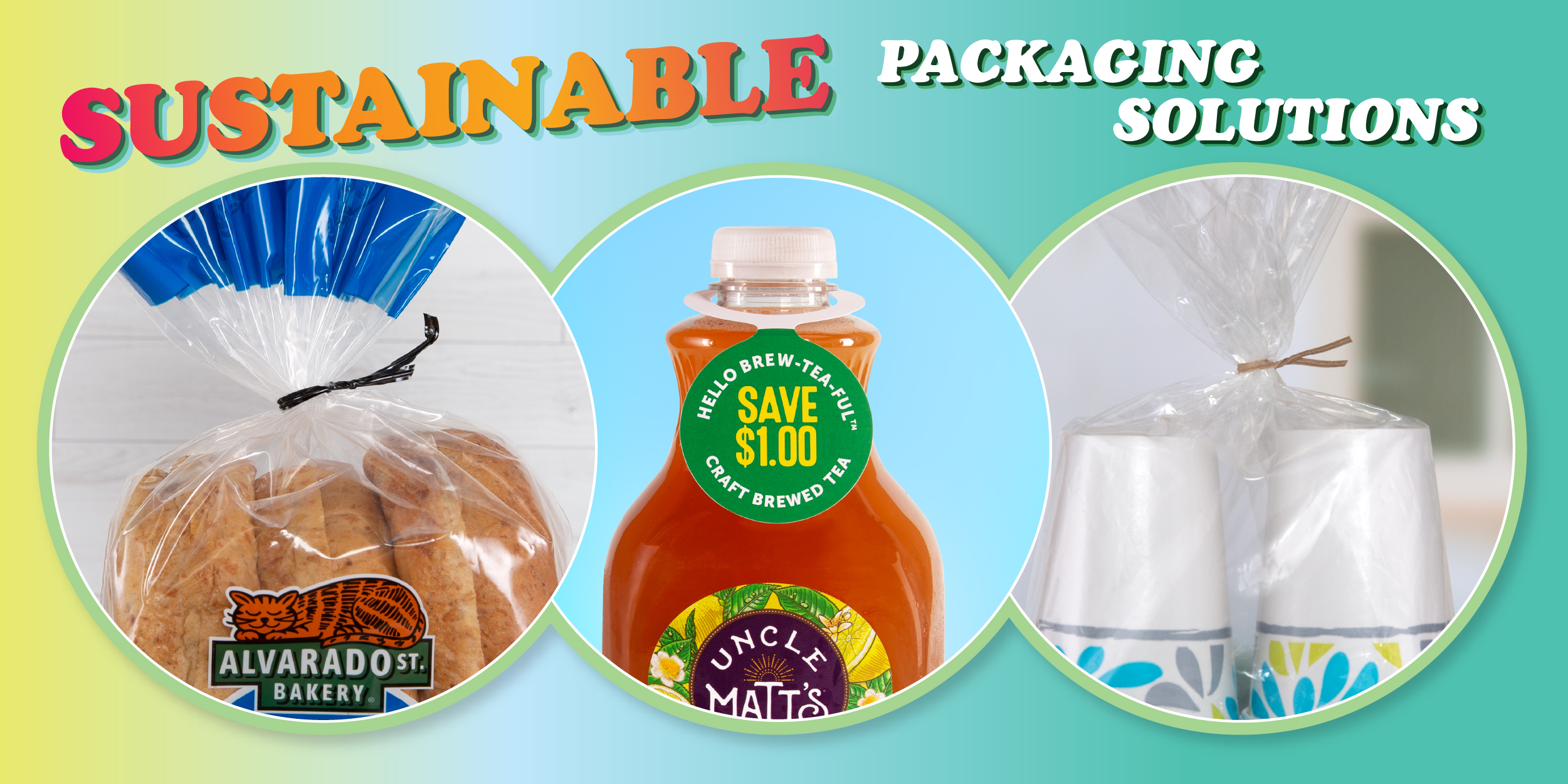 Colorful graphic with heading "Sustainable Packaging Solutions" with 3 examples: a black twist tie on bread, a green hang tag on a tea bottle, and brown paper twist tie on a bag of cups.
